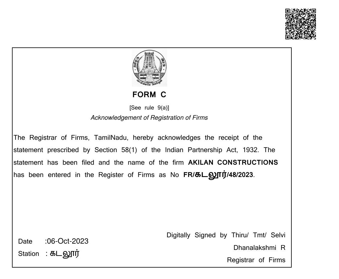 Form C acknowledgement of registration of firm, Akilan Constructions