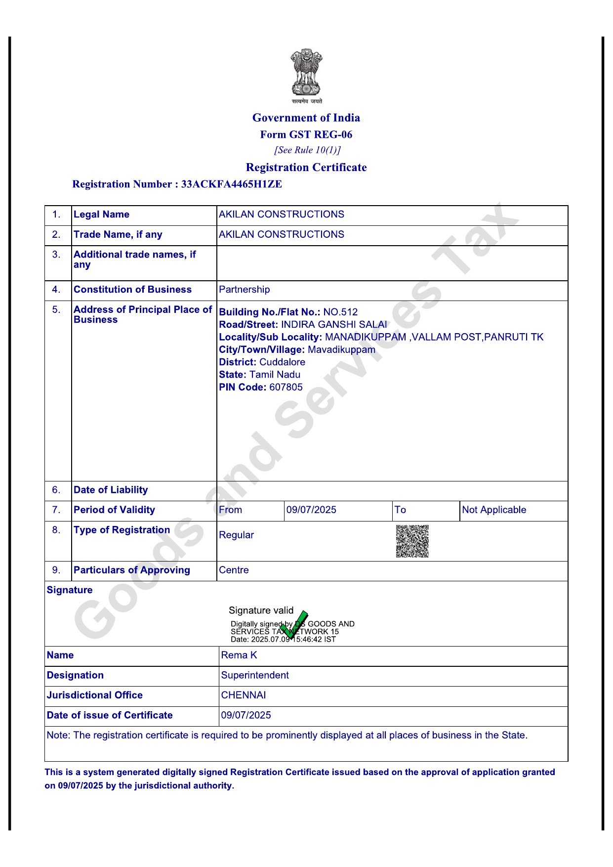 GST registration certificate of Akilan Constructions